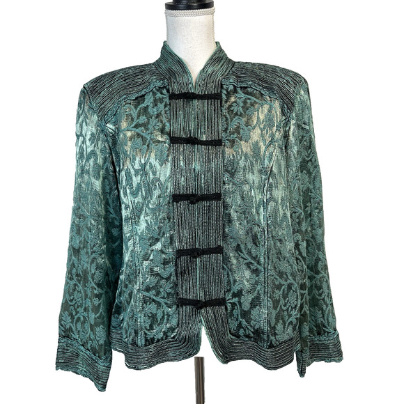 Coldwater Creek Oriental Asian Jacket size Extra Large Sage Green Black Brocade - Picture 1 of 10